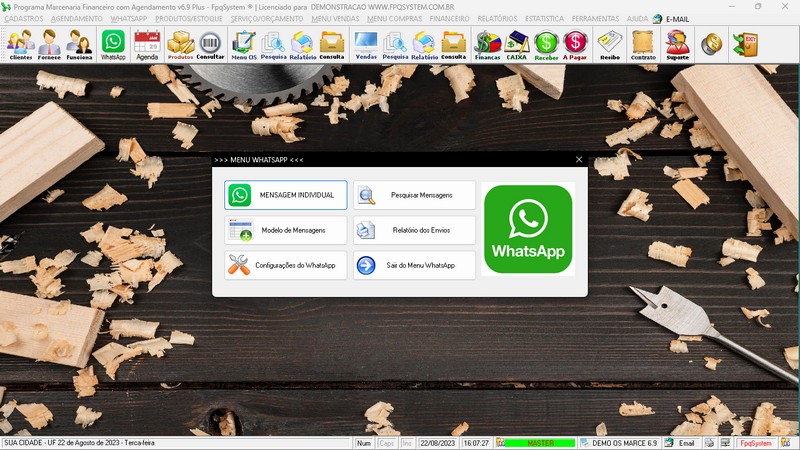 Tela do programa Marcenaria + Vendas + Financeiro v6.9 Plus + WhatsApp